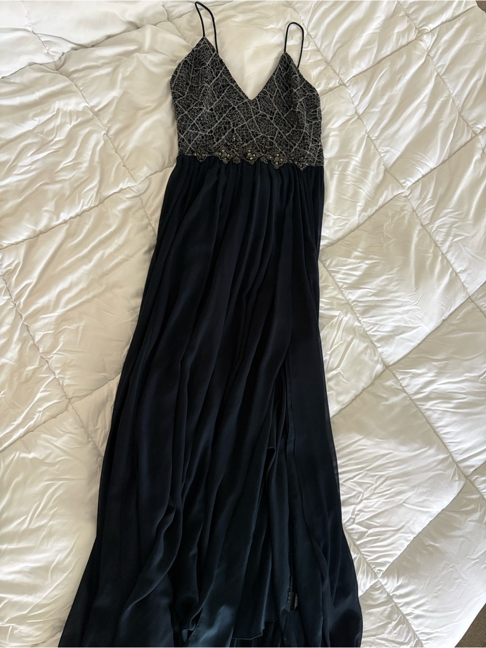 Badgely Mischka Navy Beaded V-Neck Evening Dress